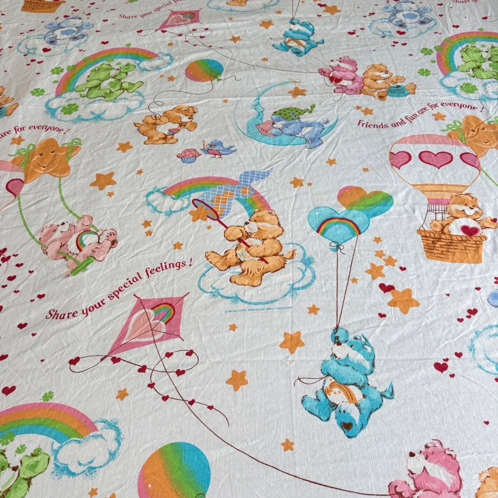 Care Bears Twin Flat Sheet‎ Kids Twin White Clouds Rainbow Hearts Balloons 80s